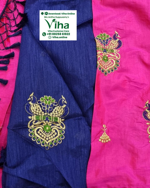 Tussar Silk Saree With Blouse, pink and dark blue embroidered peacock motifs and tassels