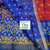 Soft Cotton Saree with Blouse, a folded fabric displays blue, red, purple, and green sections patterned with white, yellow, and red motifs