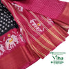 Soft Cotton Saree with Blouse, a pink and black fabric with woven white elephant motifs, gold-toned stripes, and checkered patterns