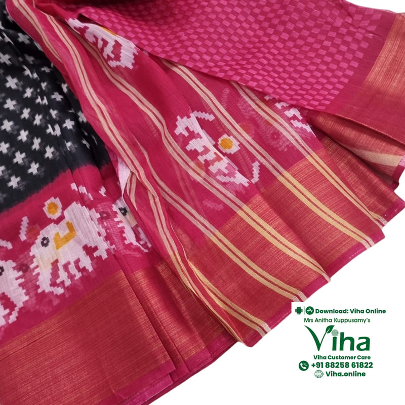 Soft Cotton Saree with Blouse, a pink and black fabric with woven white elephant motifs, gold-toned stripes, and checkered patterns