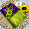 Mangalagiri Dola Silk Saree With Blouse & with Contrast Pallu, a folded purple and green fabric featuring floral print and one sunflower