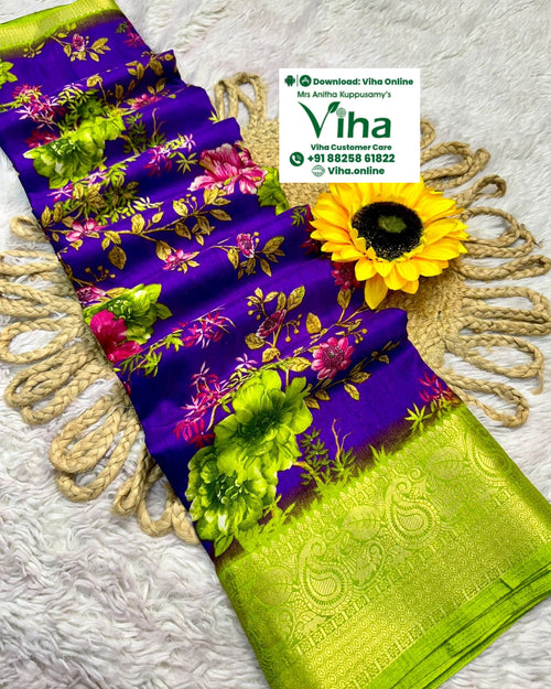 Mangalagiri Dola Silk Saree, floral print pattern and contrast pallu