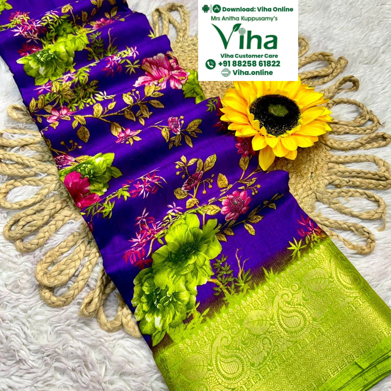 Mangalagiri Dola Silk Saree, floral print pattern and contrast pallu