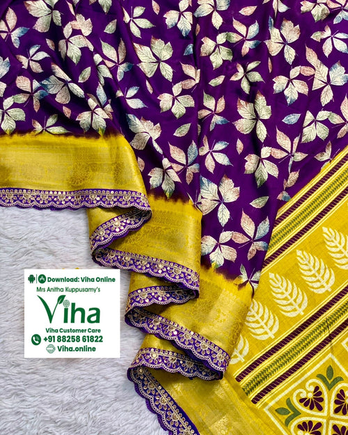 Premium Quality Dola Silk with Sequence Border with Contrast Pallu & Blouse, purple and yellow with leaf pattern print