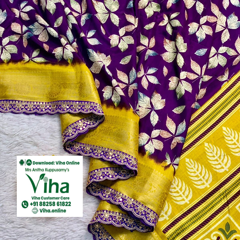 Premium Quality Dola Silk with Sequence Border with Contrast Pallu & Blouse, purple and yellow with leaf pattern print