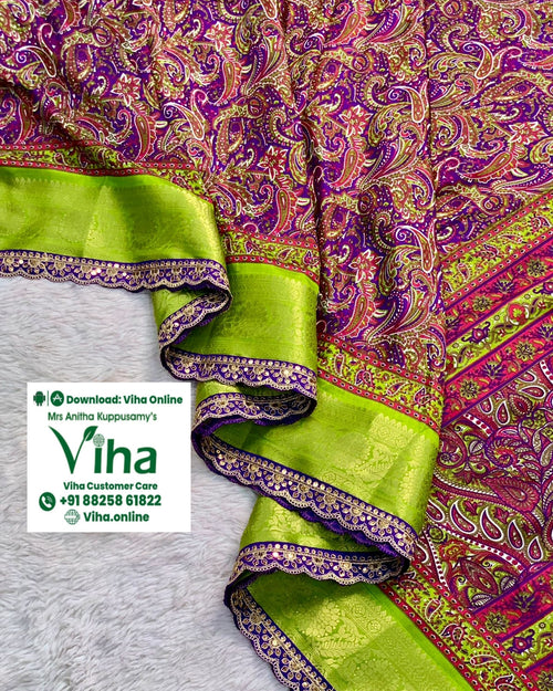 Dola Silk Saree with Sequence Border, paisley pattern and scalloped border