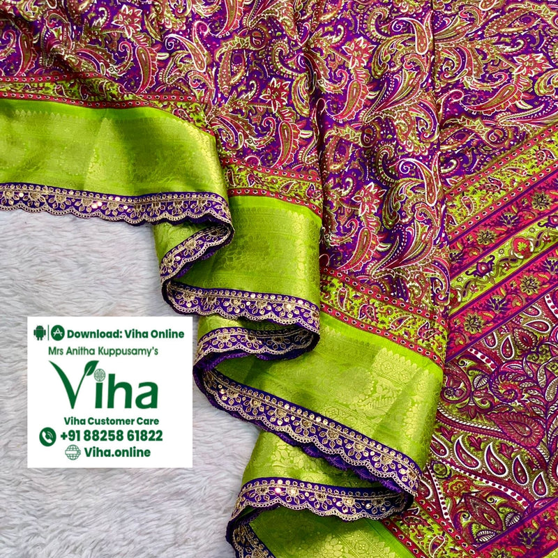 Dola Silk Saree with Sequence Border, paisley pattern and scalloped border