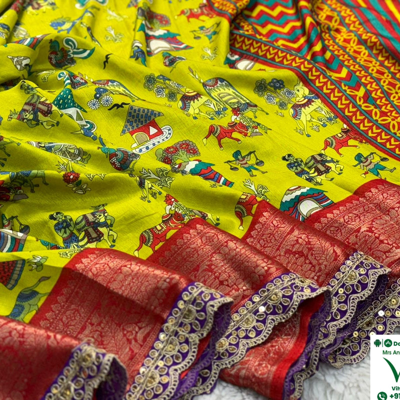 Premium Quality Dola Silk with Sequence Border with Contrast Pallu & Blouse, rectangular fabric with printed folk art motifs