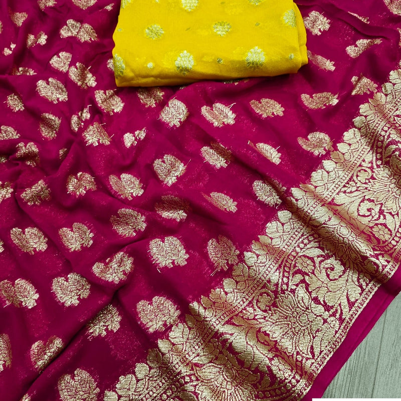 Georgette Saree with Contrast Georgette Blouse, floral patterns and wide border