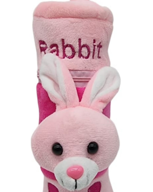 Baby Feeding Bottle Cover with Zip, a pink plush cylinder featuring embroidered text, two upright ears, two black eyes, and two paw prints