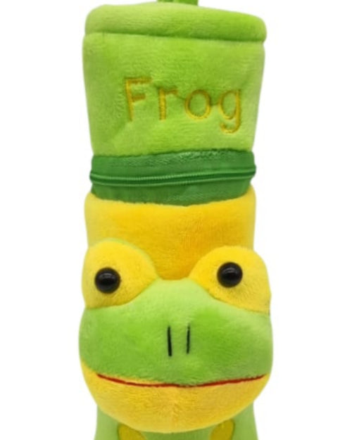 Baby Feeding Bottle Cover with Zip, a plush green-and-yellow cylinder features embroidered facial details, two black eyes, a zipper, and a top loop