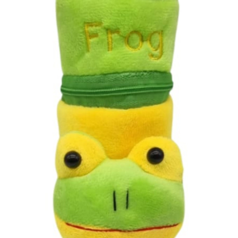 Baby Feeding Bottle Cover with Zip, a plush green-and-yellow cylinder features embroidered facial details, two black eyes, a zipper, and a top loop