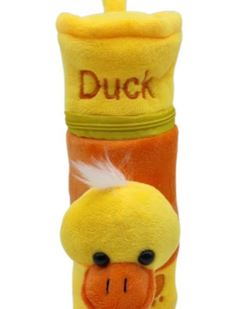 Baby Feeding Bottle Cover with Zip, a yellow and orange plush cylinder with a loop handle, embroidered word, and attached duck head with two black eyes