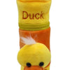 Baby Feeding Bottle Cover with Zip, a yellow and orange plush cylinder with a loop handle, embroidered word, and attached duck head with two black eyes