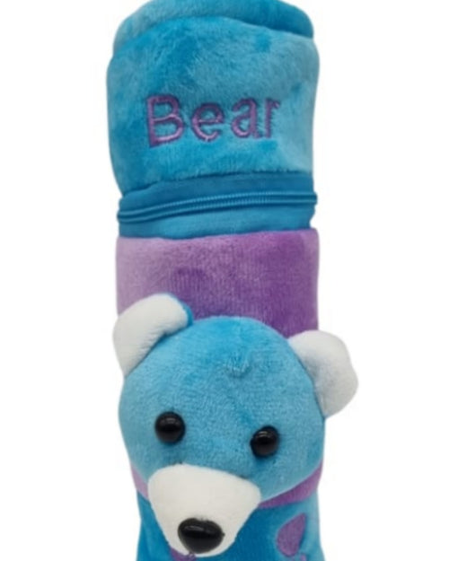 Baby Feeding Bottle Cover with Zip, a blue and purple plush bear cover with embroidered text, two ears and a black nose