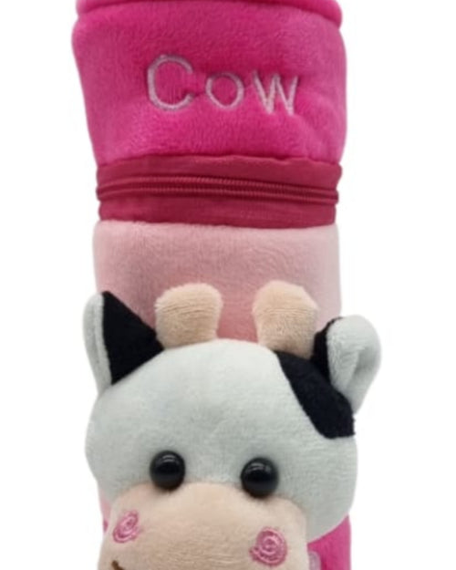 Baby Feeding Bottle Cover with Zip, a pink plush cover with a cow face, two horns, stitched text and a loop handle on top