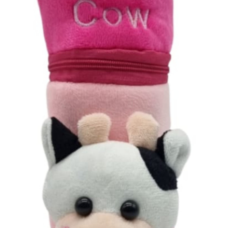 Baby Feeding Bottle Cover with Zip, a pink plush cover with a cow face, two horns, stitched text and a loop handle on top