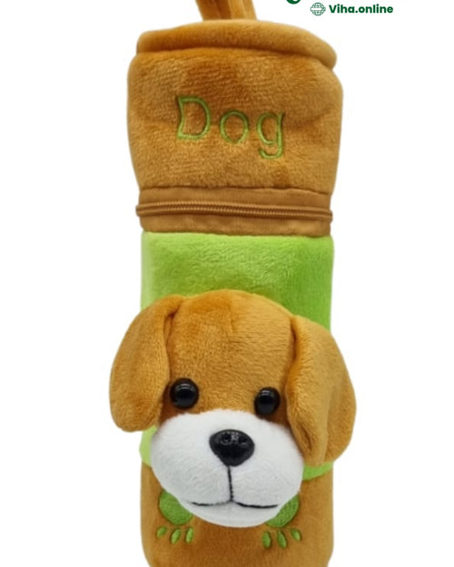 Baby Feeding Bottle Cover shaped like a brown plush dog with a green trim and zip closure