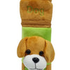 Baby Feeding Bottle Cover shaped like a brown plush dog with a green trim and zip closure