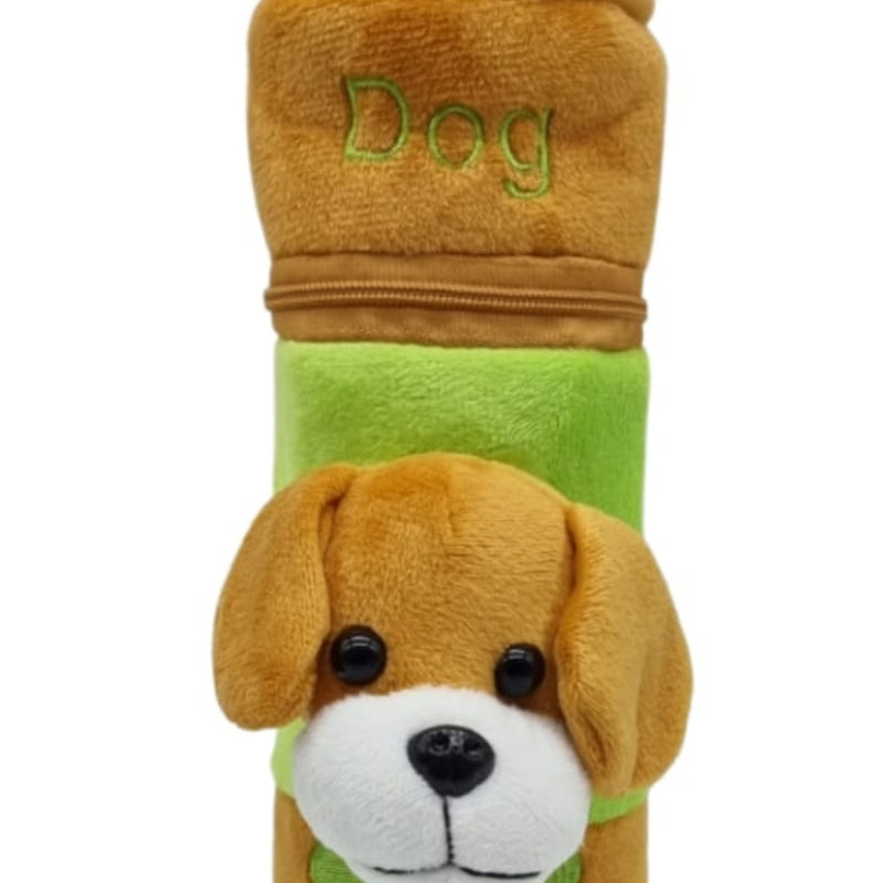 Baby Feeding Bottle Cover shaped like a brown plush dog with a green trim and zip closure