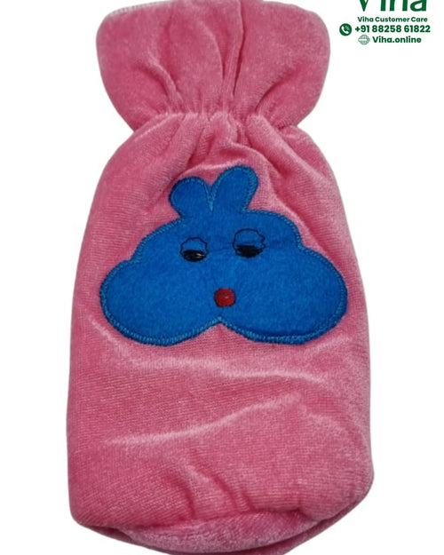 Baby Feeding Bottle Cover Stretchable in pink with a blue bunny face appliqué