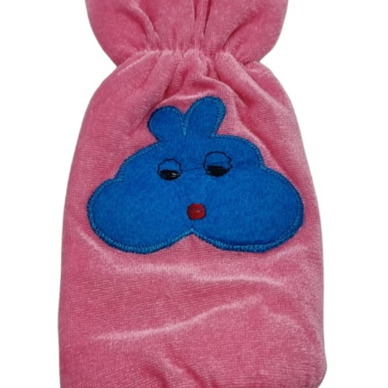 Baby Feeding Bottle Cover Stretchable in pink with a blue bunny face appliqué