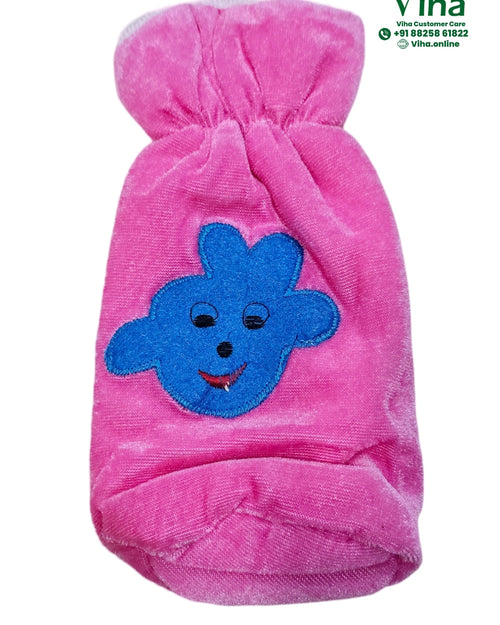 Baby Feeding Bottle Cover Stretchable, a pink velvety cover with a blue embroidered cartoon animal face