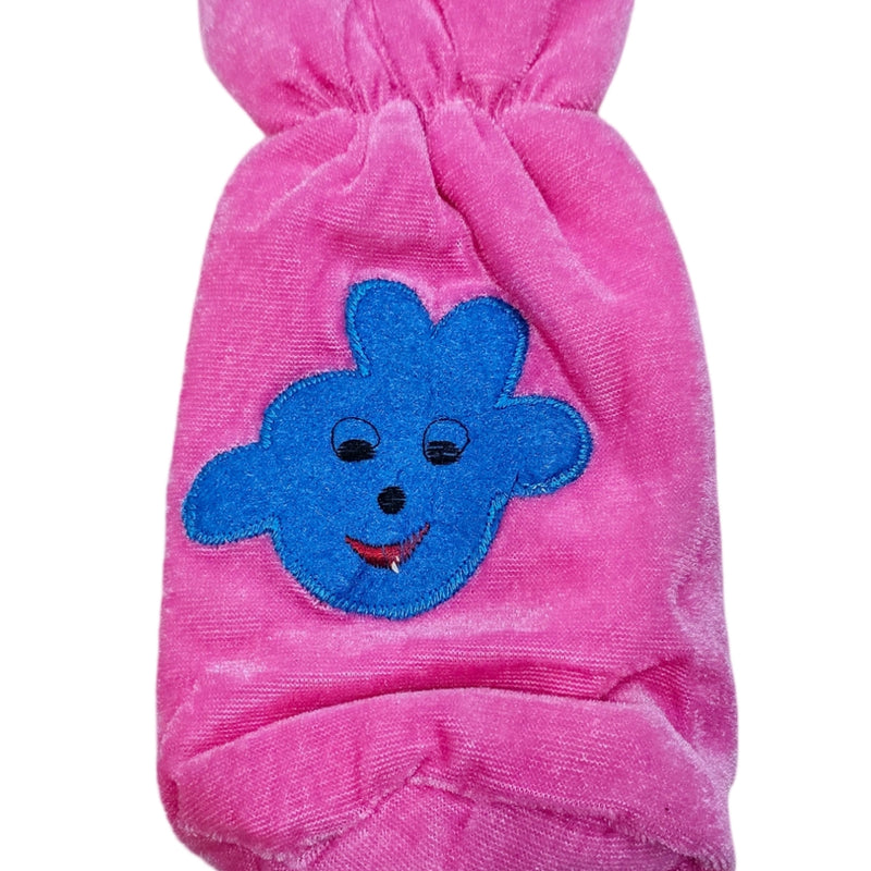 Baby Feeding Bottle Cover Stretchable, a pink velvety cover with a blue embroidered cartoon animal face