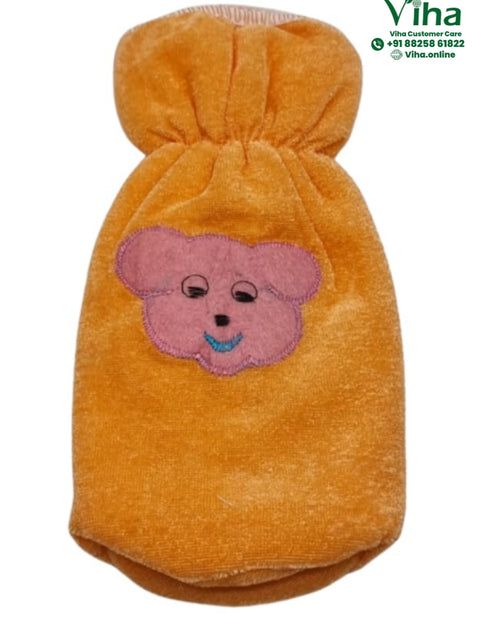 Baby Feeding Bottle Cover, an orange fleece stretchable bottle cover with a pink bear applique and an embroidered face