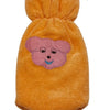 Baby Feeding Bottle Cover, an orange fleece stretchable bottle cover with a pink bear applique and an embroidered face