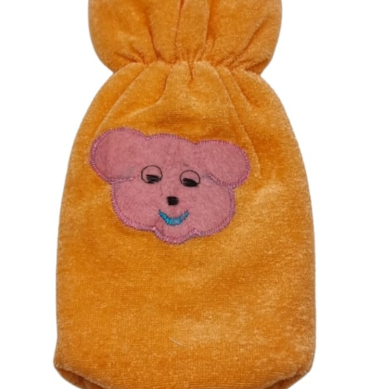Baby Feeding Bottle Cover, an orange fleece stretchable bottle cover with a pink bear applique and an embroidered face