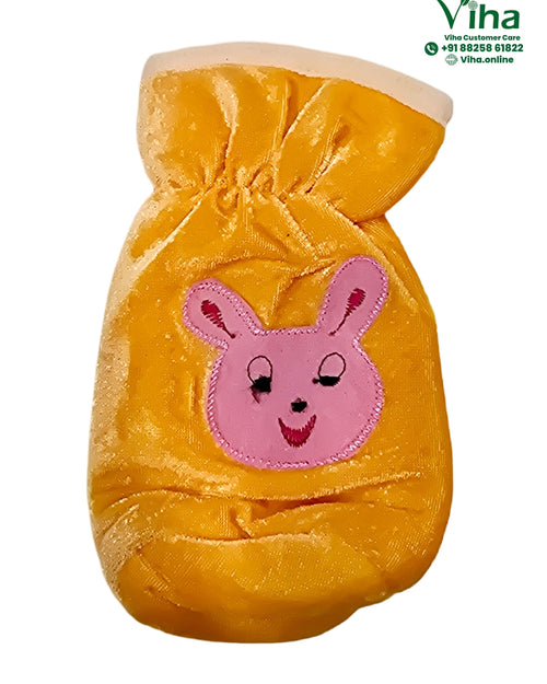 Baby Feeding Bottle Cover Stretchable, a crumpled yellow-orange bag features an embroidered pink rabbit face with two ears and closed eyes