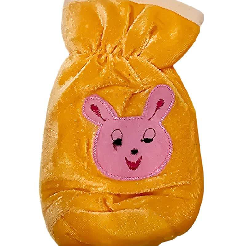 Baby Feeding Bottle Cover Stretchable, a crumpled yellow-orange bag features an embroidered pink rabbit face with two ears and closed eyes