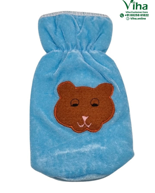Baby Feeding Bottle Cover Stretchable, a blue soft-textured cover with a brown bear face patch and stitched facial details