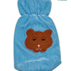 Baby Feeding Bottle Cover Stretchable, a blue soft-textured cover with a brown bear face patch and stitched facial details