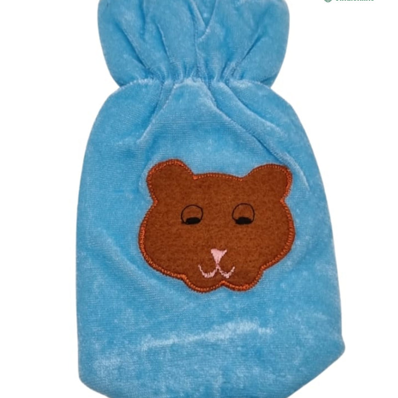Baby Feeding Bottle Cover Stretchable, a blue soft-textured cover with a brown bear face patch and stitched facial details