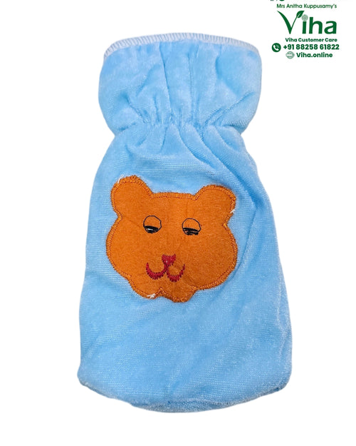 Baby Feeding Bottle Cover Stretchable, a soft light blue fabric bottle cover featuring one orange bear patch with black embroidered eyes and mouth