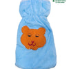 Baby Feeding Bottle Cover Stretchable, a soft light blue fabric bottle cover featuring one orange bear patch with black embroidered eyes and mouth