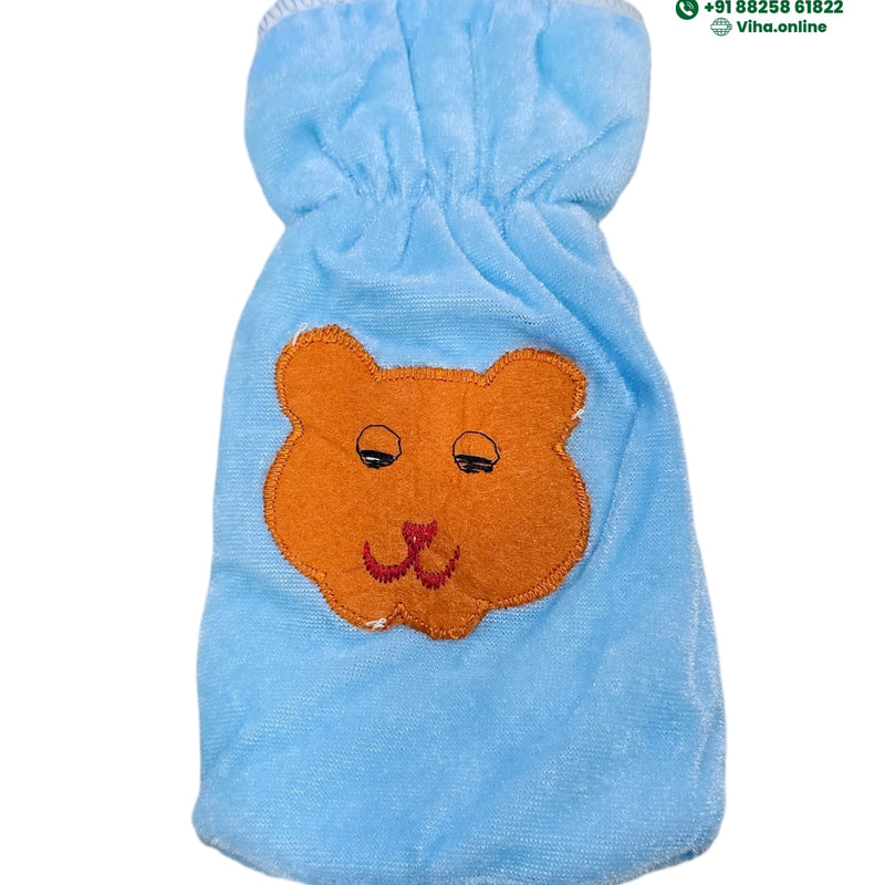 Baby Feeding Bottle Cover Stretchable, a soft light blue fabric bottle cover featuring one orange bear patch with black embroidered eyes and mouth