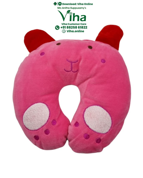 Baby Pillow, a pink plush U-shaped travel pillow featuring two red ears, brown embroidered eyes, a pink nose, and white circular paw prints on each end