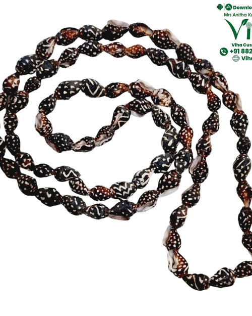 Black Shell Mala, a long strand of brown and white patterned conical shell beads arranged in loops
