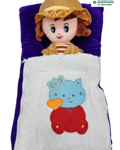 Baby Sleeping Soft Bag, a stuffed plush doll wearing a brown hat inside a purple and white sleeping bag featuring a blue cat graphic