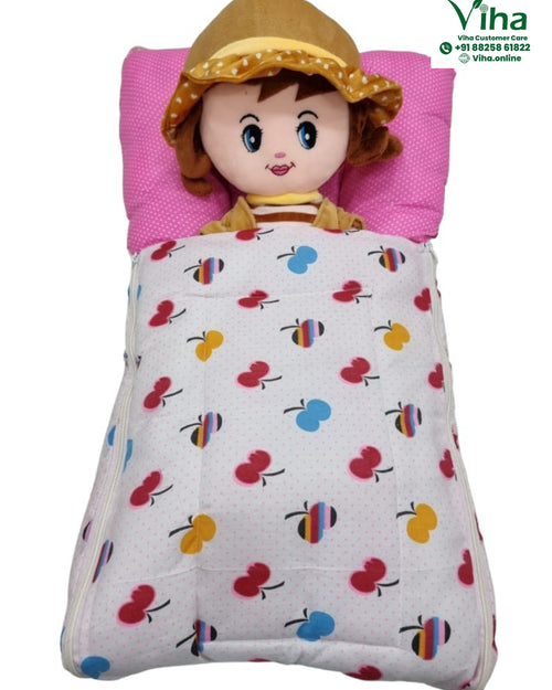 Baby Sleeping Bag Soft, a pink and white printed baby bedding set features a plush doll head wearing a tan hat resting on a pink dotted pillow