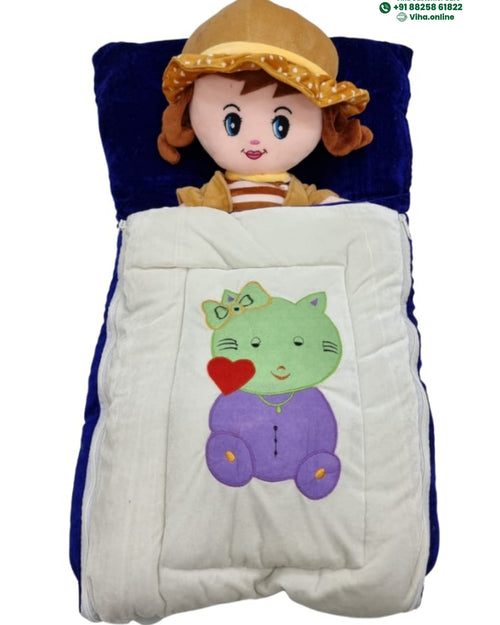 Baby Sleeping Bag Soft, navy and cream bag with a cat applique, shown with a doll toy