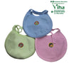 Baby Bib, three soft textile baby bibs in light blue, light green, and pink with a circular cartoon character patch on each