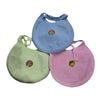 Baby Bib, three curved fabric bibs in light blue, light green, and pink, each featuring a small circular graphic and an attached strap