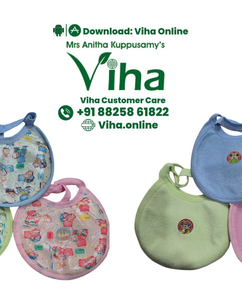 Baby Bib, six round fabric bibs in light blue, pink and light green, three with cartoon patterns and three plain with small round appliqués, with straps