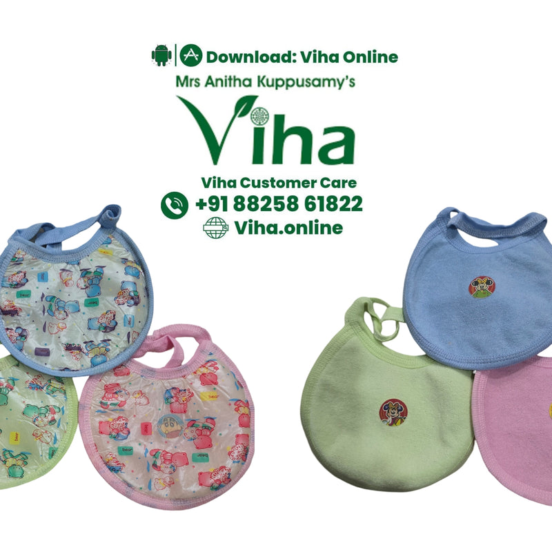 Baby Bib, six round fabric bibs in light blue, pink and light green, three with cartoon patterns and three plain with small round appliqués, with straps