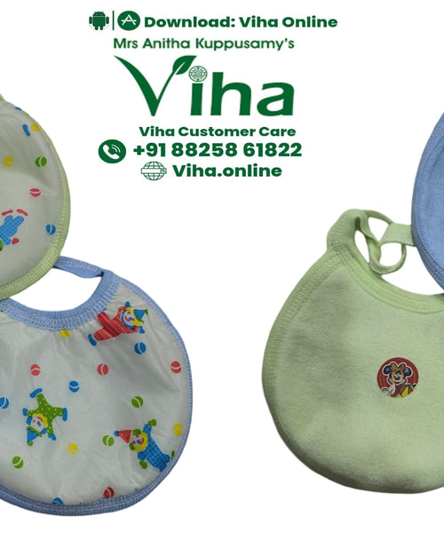 Baby Bib, five cloth bibs in light green, pink, blue, and white with cartoon patterns are displayed on a white background