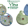Baby Bib, five cloth bibs in light green, pink, blue, and white with cartoon patterns are displayed on a white background